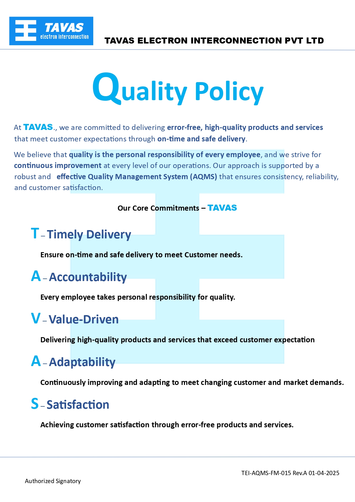TAVAS Quality Policy Certificate
